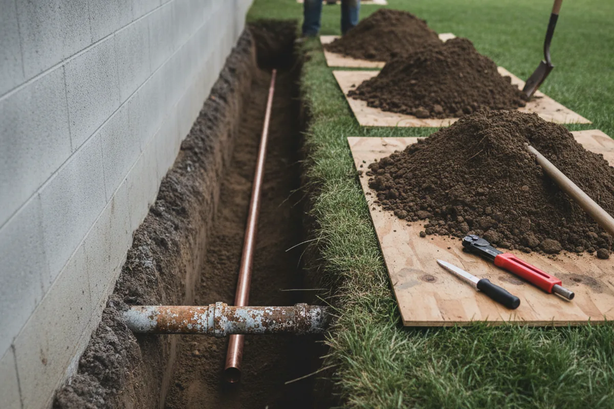 Excavated water line trench during Sewer Line Repair in Manquin